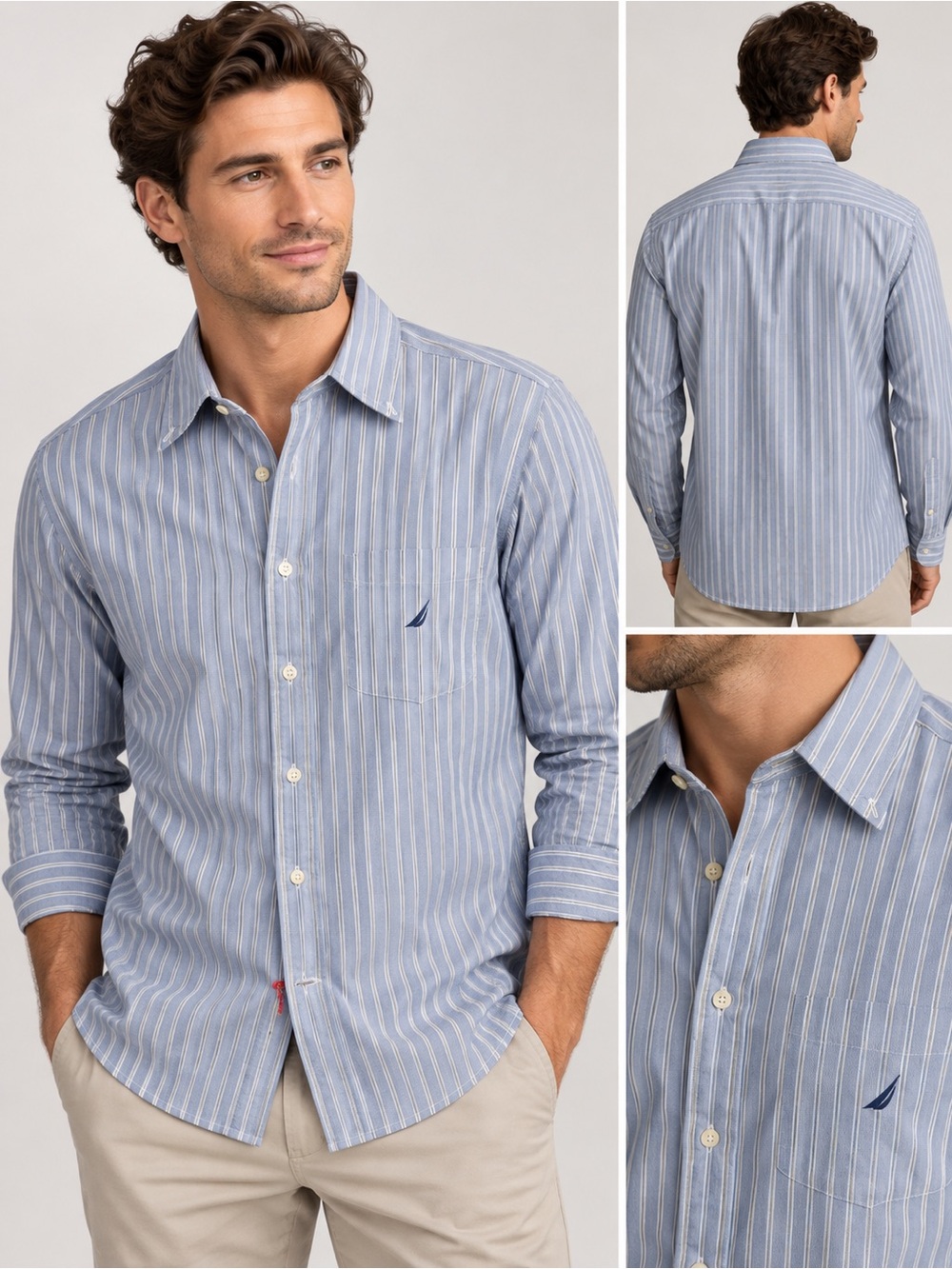 Nautica Light Blue and White Striped Button-Up Dress Shirt Large